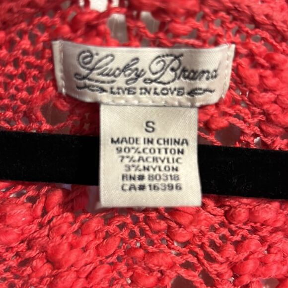 LUCKY  BRAND Size Small Open Crochet Pink Coral Tunic Sweater V-Neck Jewel Tone - Picture 3 of 6